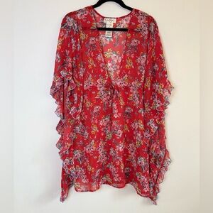 Jessica Simpson Red Floral Sheer Blouse Size S | Boho Ruffle Sleeve Top Coverup